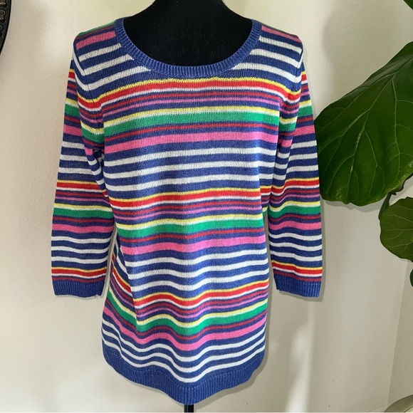 Talbots Petunia Striped 100% Linen Crewneck Sweater Ribbed Hem Side Slits MP - Picture 4 of 12